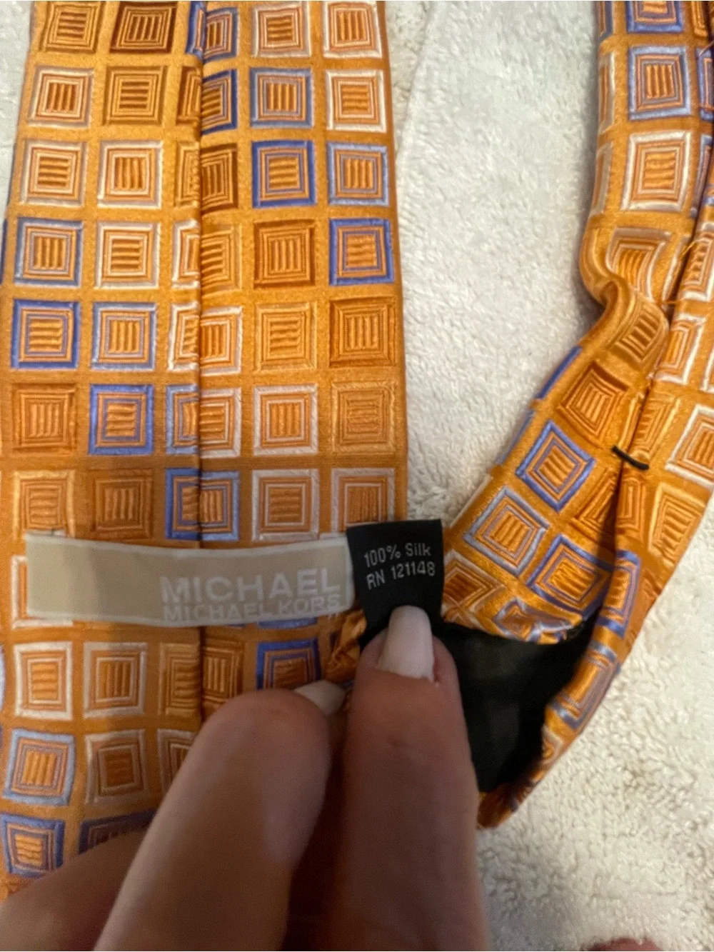 Michael Kors Orange and Blue Geometric Silk Tie